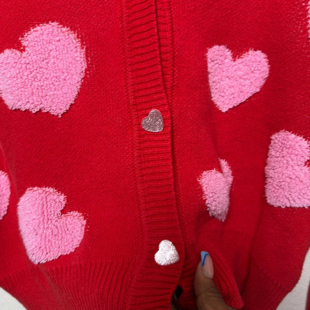 33 Degrees Women Cardigan Sweater Medium Red Pink Fuzzy Heart Preppy Novelty